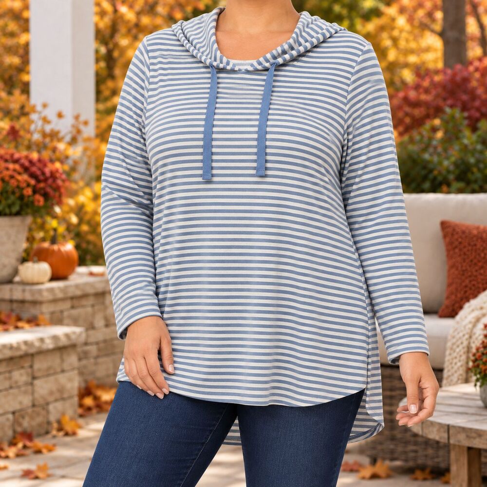 St. John’s Bay Active XL Blue White Striped Hooded Tunic High-Low Top